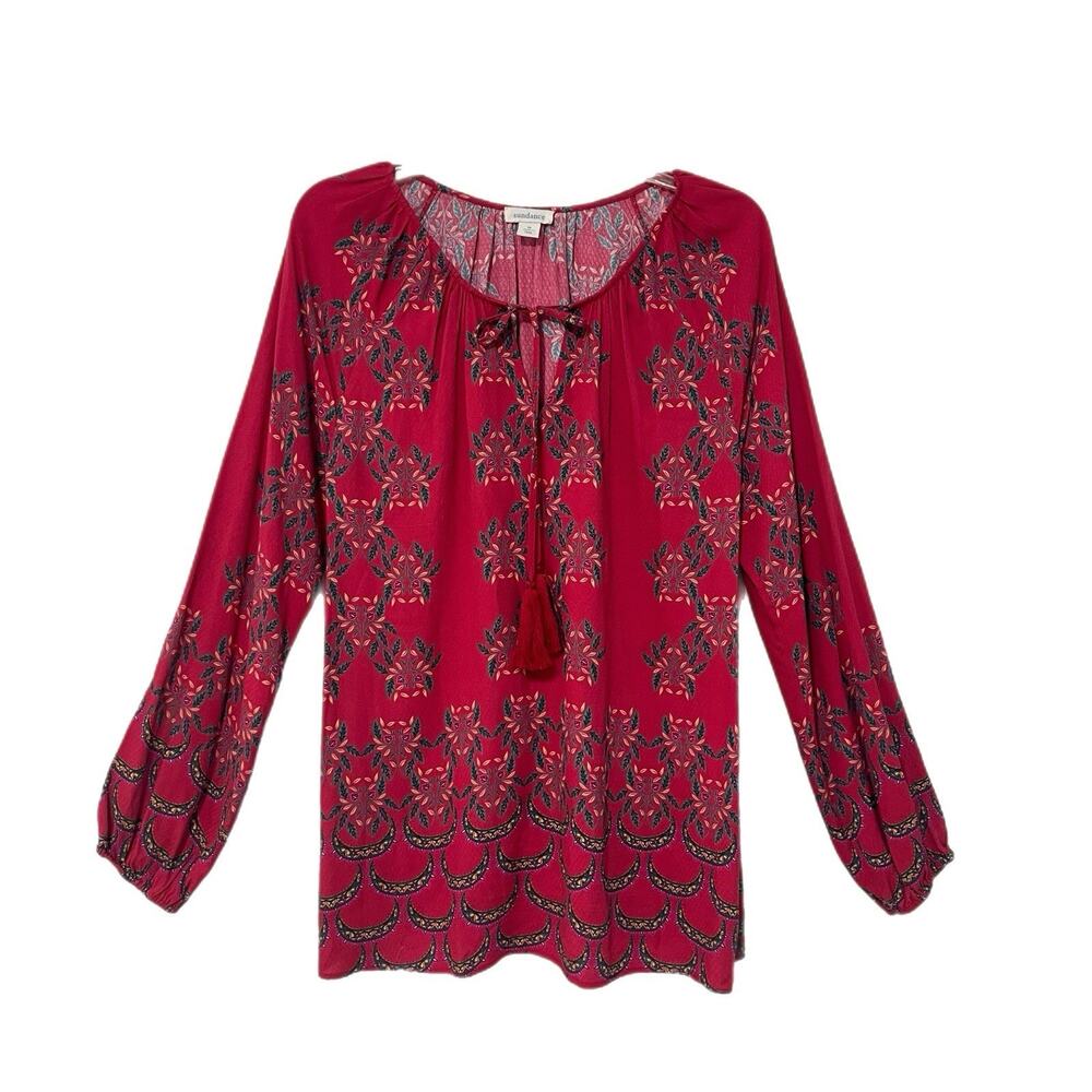 Sundance Red Floral Peasant Boho Long Sleeve Blouse Size Medium Tassels Prairie